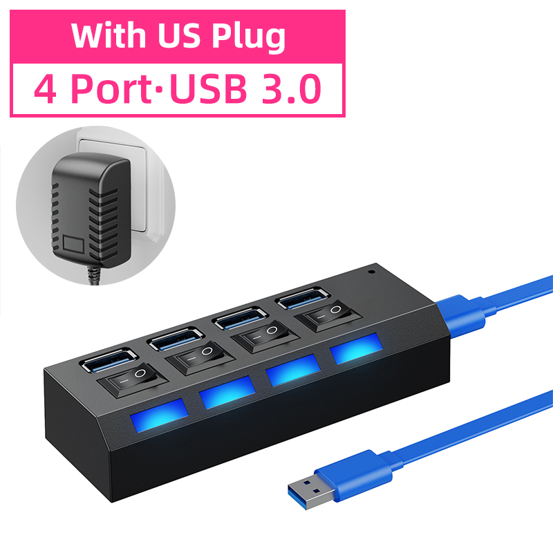 HUB USB 3.0 à plusieurs ports avec interrupteur, répartiteur pour PC, adaptateur d&#39;alimentation multiple USB 2.0: USB3.0 4Port With US