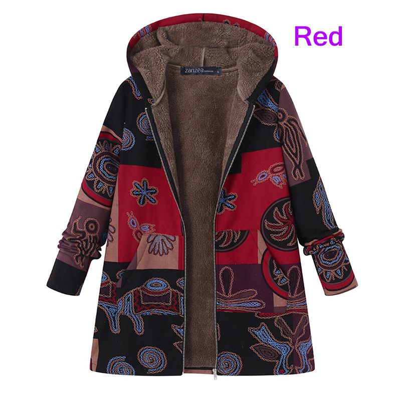 ZANZEA Parkas Autumn Long Sleeve Basic Outerwear Women Retro Hooded Ethnic Printed Faux Fluffy Thin Coat Plus Size Jackets: Red / XXL