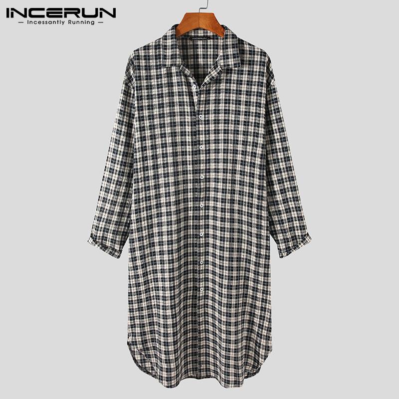 Mannen Plaid Gewaden Comfortabele Homewear Turn Down Kraag Lange Mouw Knop Badjassen Losse Leisure Mannen Kamerjas S-5XL Incerun