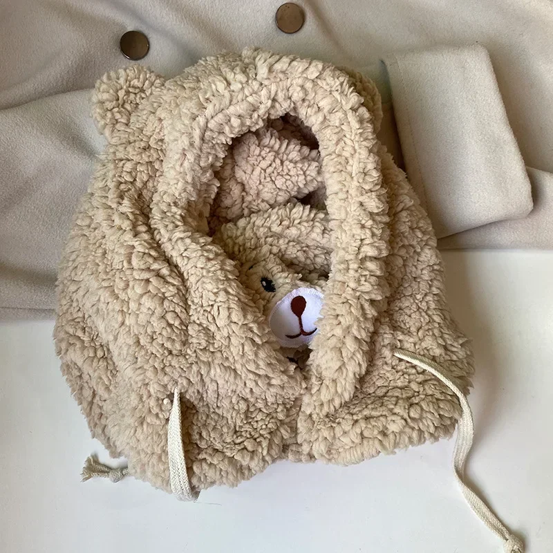 Bonnet avec masque pour femme et fille, cagoule chaude, épaisse, Protection des oreilles, dessin animé, ours, agneau, automne: Beige