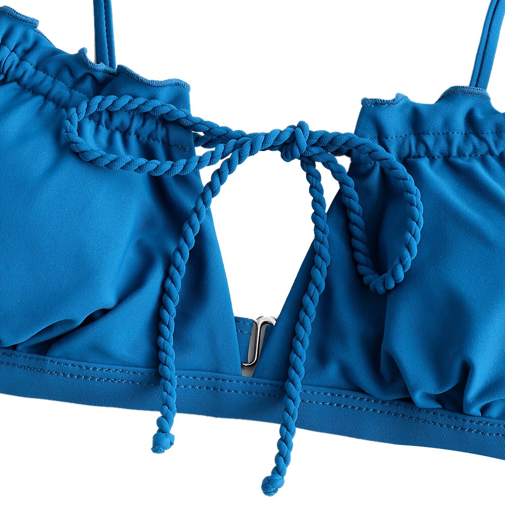 ZAFUL-Conjunto de Bikini con lazo trenzado para mujer, conjunto de Bikini femenino de tela brillante, trajes de baño sólidos azules, ropa de playa de verano,