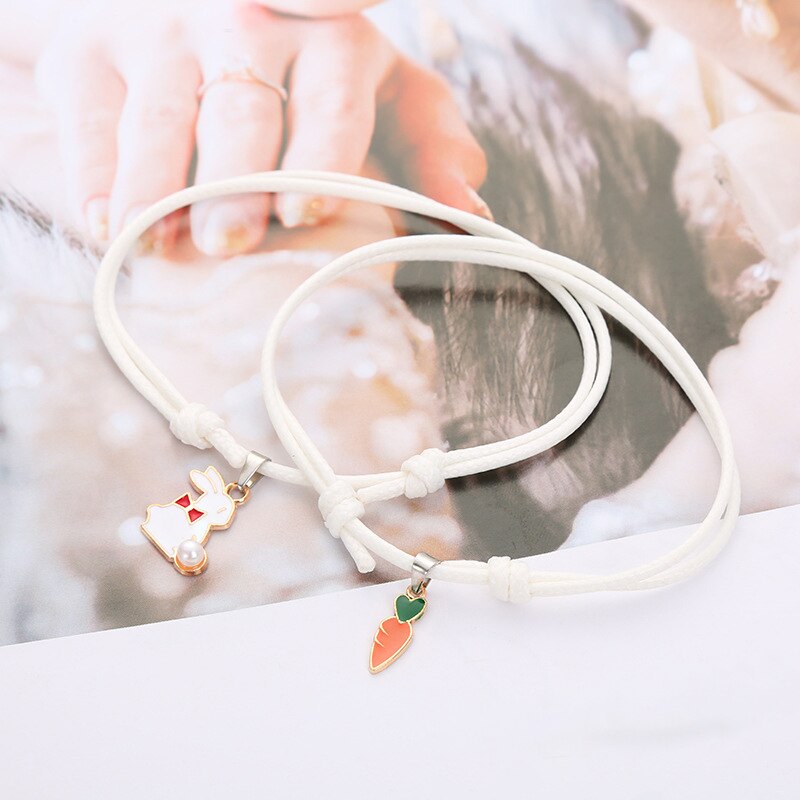 2-Piece Set Best Friend Cute Rabbit Carrot Bracelet Charming Couple Bracelet Jewelry Girl Party Accessories: White