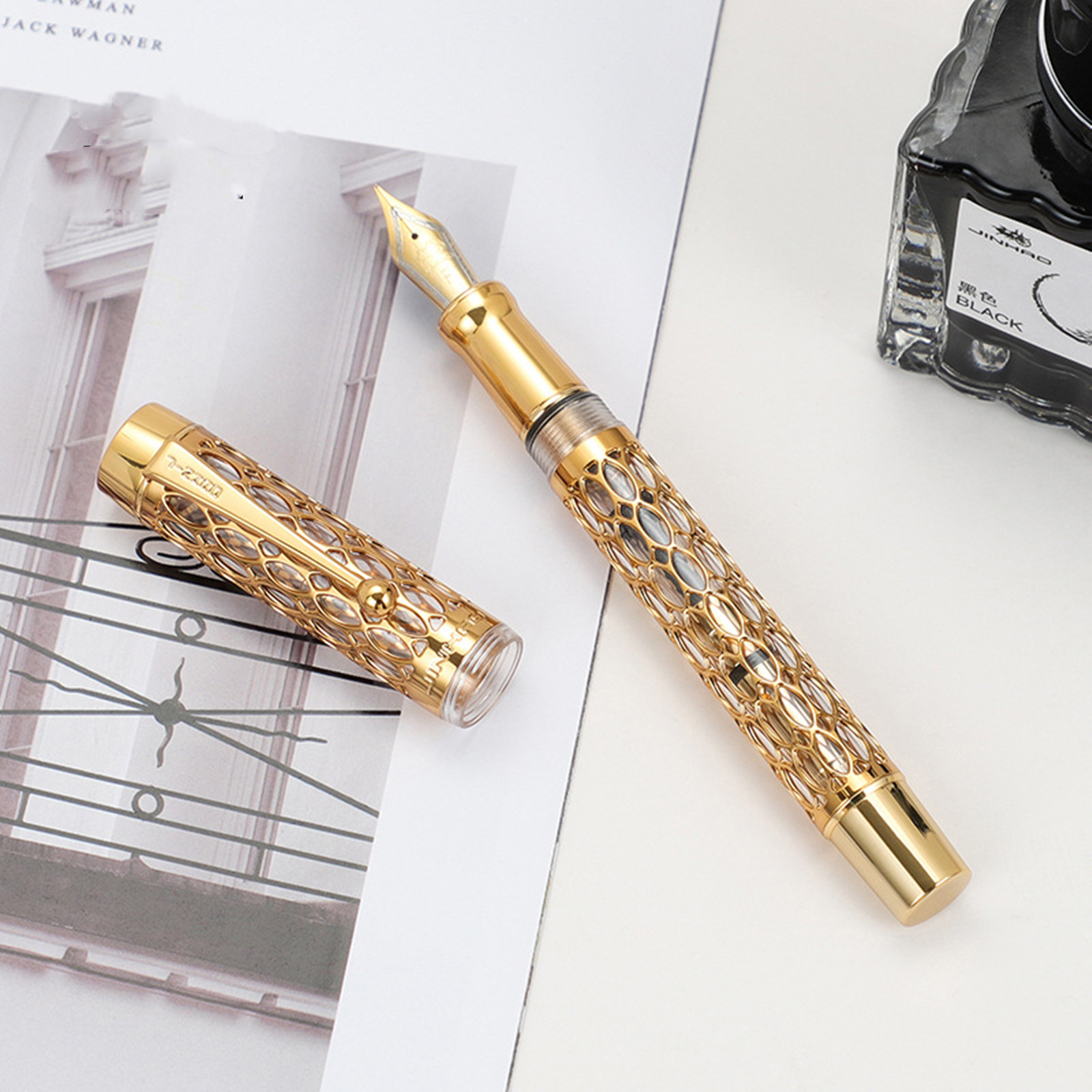 Jinhao stulecie 100 pióro wieczne prawdziwe złoto galwaniczne drążjeden długopisy z atramentem płynnie F stalówka szkolne biuro artykuły biznesowe