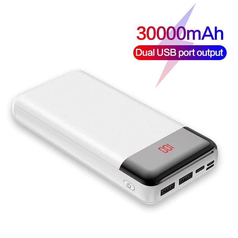 30000 mah power bank 3 input hurtig oplader 30000 mah powerbank til iphone bærbar ekstern batterioplader til xiaomi mi: Hvid