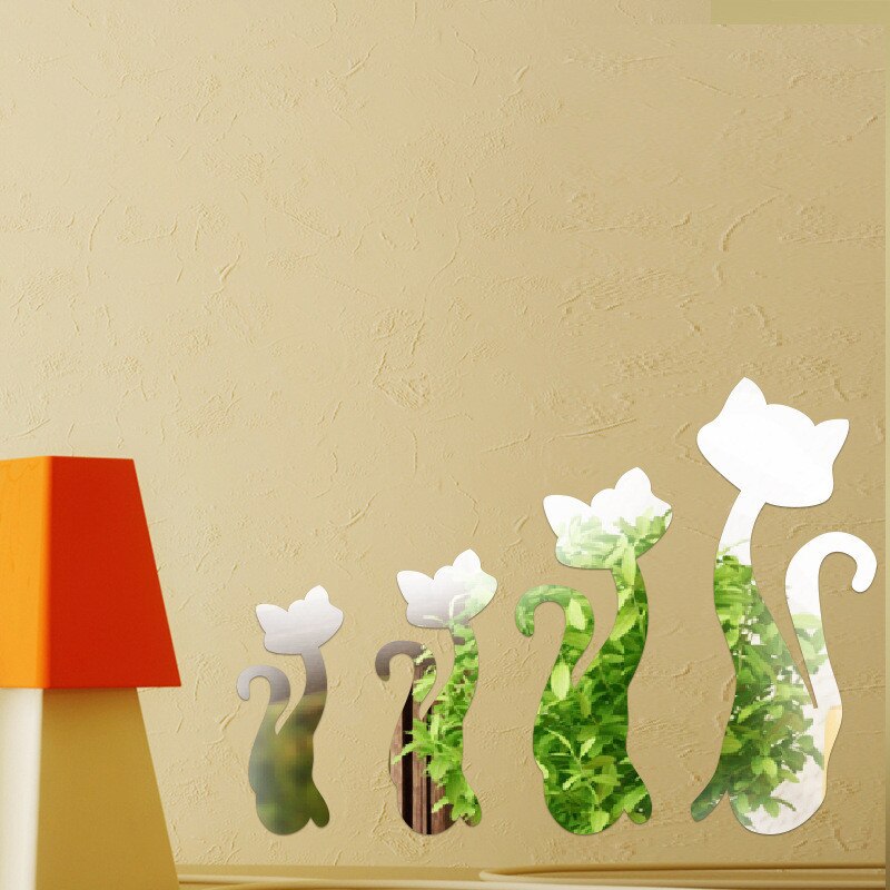 Diy 4Pcs 3D Leuke Katten Spiegel Muurstickers Verwijderbare Muurstickers Waterdichte Pvc