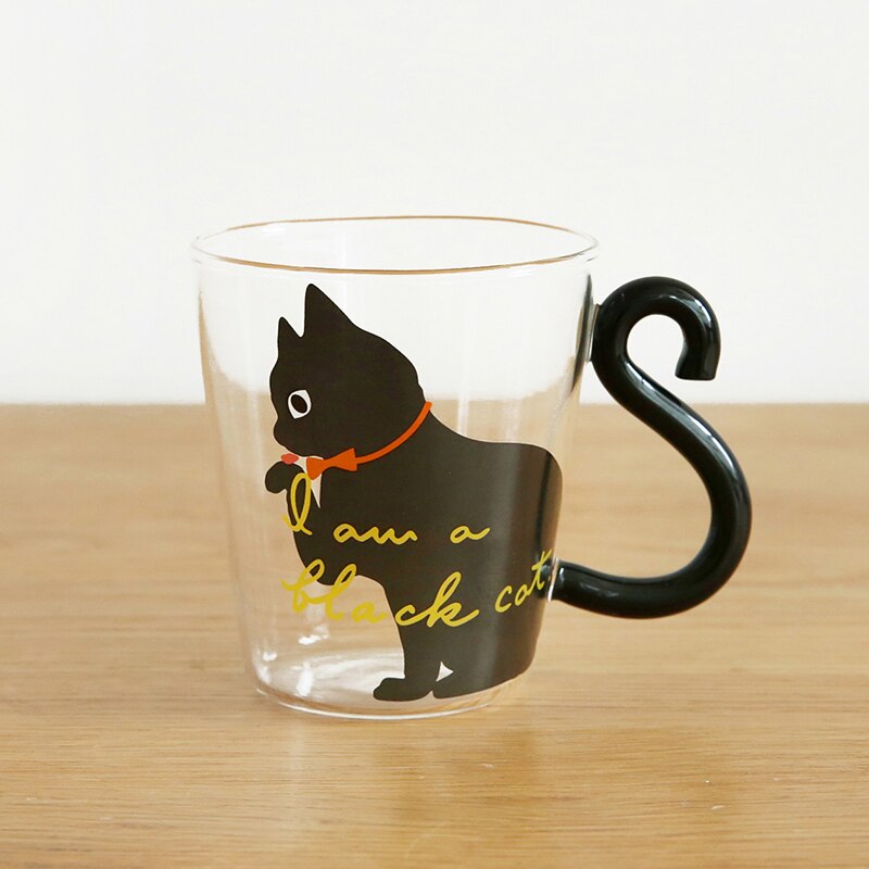 250ML Cute Cat Glass Juice Coffee Cup Milk Tea Coffee Glass Mug Cat Tail Handle Cat Valentine's Day Lover Stainless Spoon: Black1