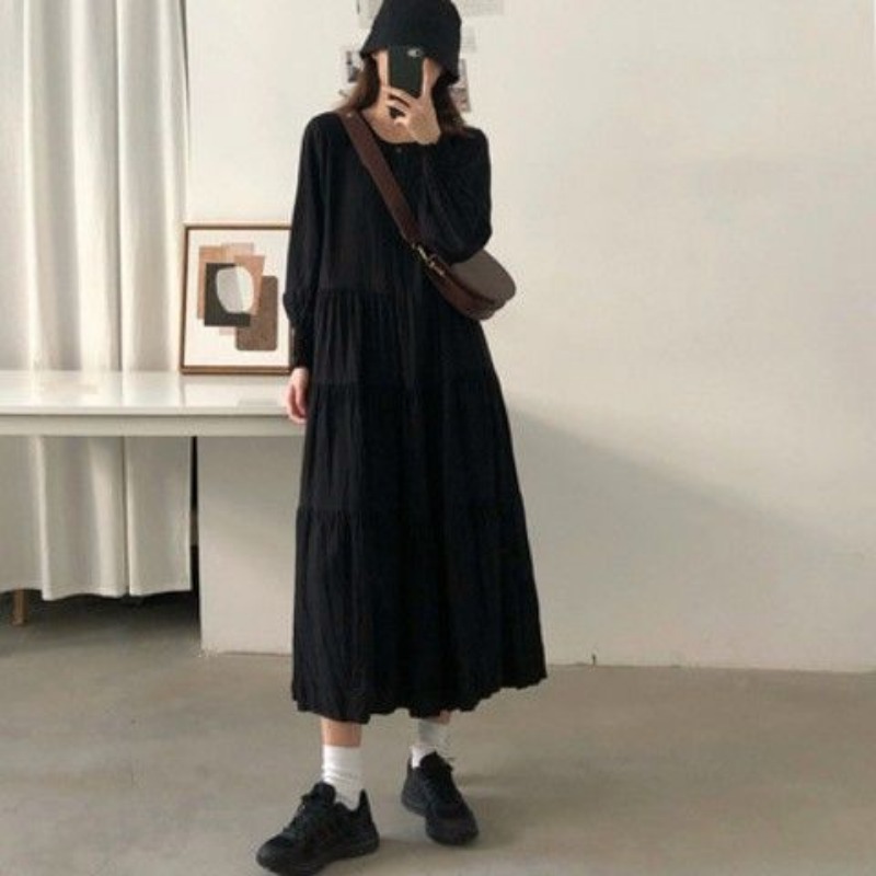 4xl langærmede kjoler kvinder løs koreansk temperament kvindelig dejlig midikjole o-hals forår afslappet ensfarvet vestidos de mujer
