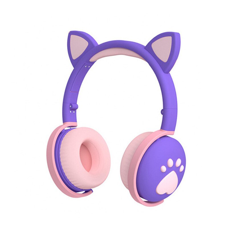 Farverige børneheadset trådløst glødende søde led kat øre pote piger bluetooth hovedtelefoner hifi stereo bas 3.5mm stik med mikrofon: Lilla lyserød