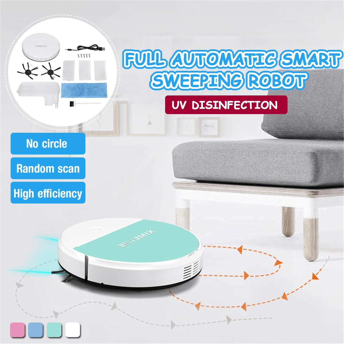 1800Pa Smart Sweeping Robot Floor Spray UV Disinfection Sterilization 3-In-1 USB Rechargeable Dry Wet Sweeping Vacuum Cleaner