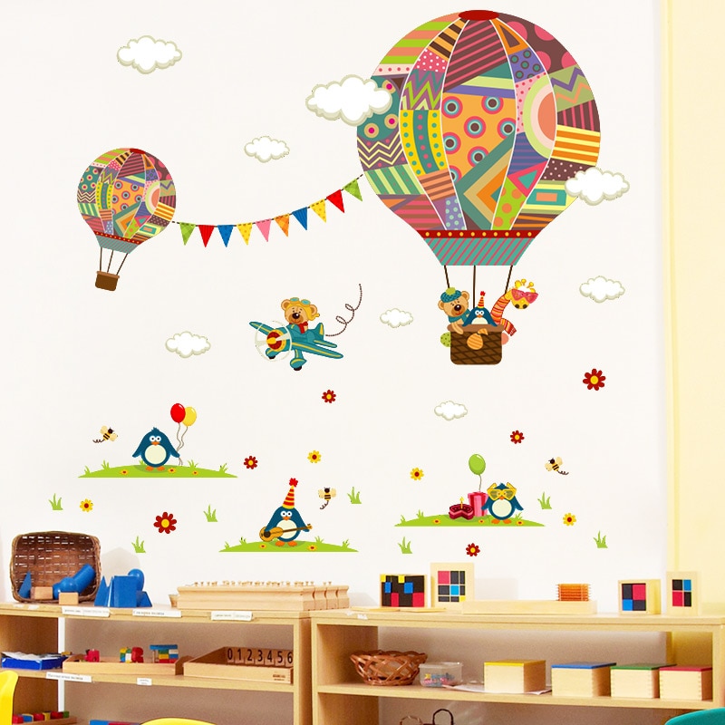 Cartoon Vliegtuig Beer Hete Lucht Ballonnen Pinguïn Verwijderbare Muursticker Nursery Decals Voor Kinderkamer Home Decoratie Muurschildering