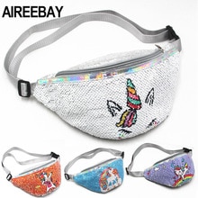 AIREEBAY-Riñonera de lentejuelas con estampado para chicas, bolso de cintura femenino con estampado de dibujos animados de unicornio, a la , bolso cruzado para niñas