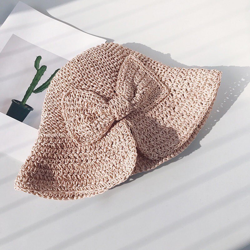 Förälder-barn raffia rosett solhatt bred brätte diskettiga sommarhattar för kvinnor strand panama halmkupol hinkhatt femme shade hatt: Rosa / Vuxen 56 -58cm