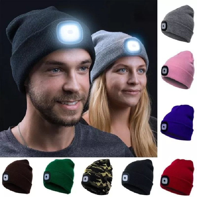 Gorros para hombre, gorro de punto liso con iluminación LED, boinas estilo Hip-Hop, gorros de lana cálidos portátiles para mujer,