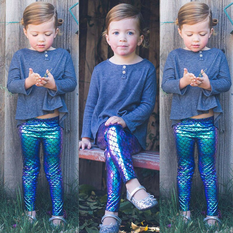 Kid Meisje Skinny Mermaid Shiny Vis Schaal Leggings Elastische Broek Potlood Broek