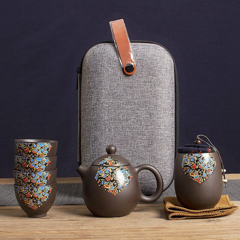 Yixing Dragon Teapot Sets 6pcs Ceramic Purple Clay Kung Fu Travel Tea Set 1 Teapot + 4 Cups + 1 Tank Handmade Teapot Set: A