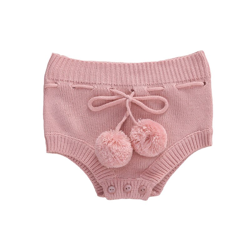 Short en tricot pour bébé, de 0 à 18M, avec bretelles de dessin, de couleur unie, élastique avec boules, bas de fermeture à boutons, pour garçons et filles: Rose / 12M