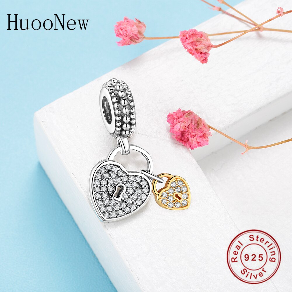 Fit Original Charms Clear Crystal CZ Two Hearts Gold Lock Heart Beads Dangle Jewelry 925 Sterling Silver Jewelry Pendant