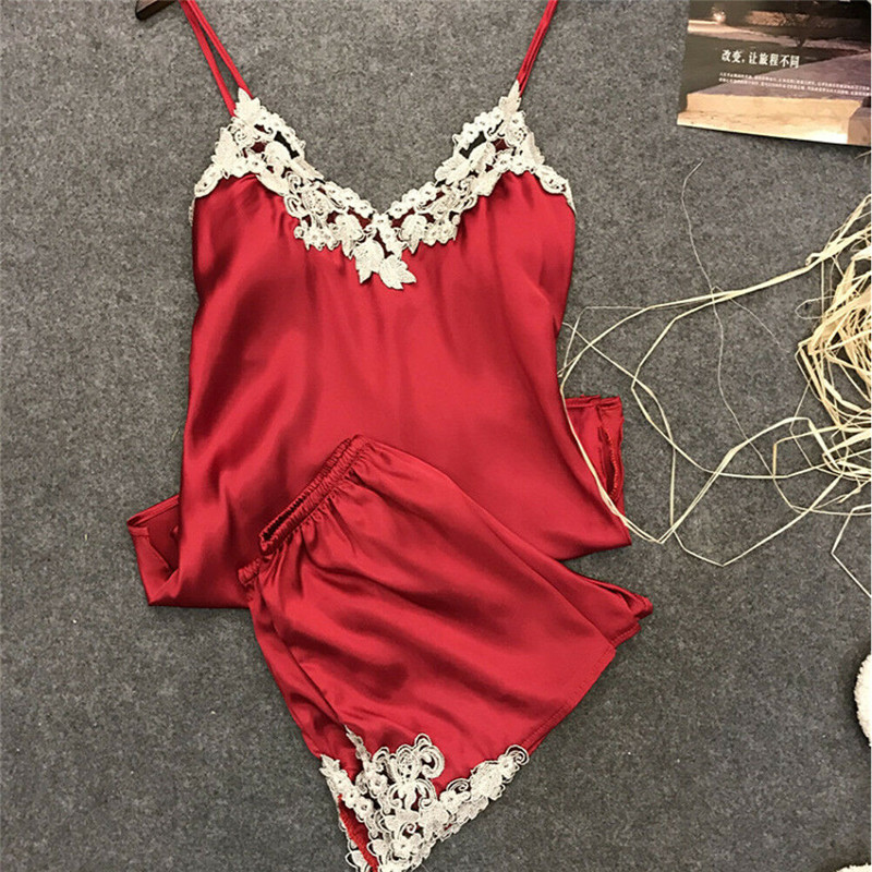 Ladies Sexy Silk Satin Pajama Set Lace Pajama Set Sleeveless Pajama Set V-neck Sleepwear Summer Home Wear Sleep Wear For Women: Red / S