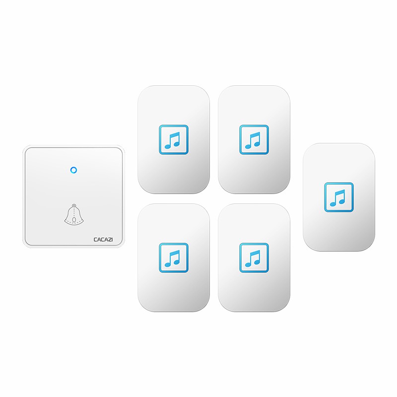 CACAZI – sonnette sans fil étanche à 300M, télécommande à 60 anneaux, batterie CR2032, 1 émetteur 5 récepteurs, prise US EU UK, carillon 0-110DB: white 1x5 / L'UA