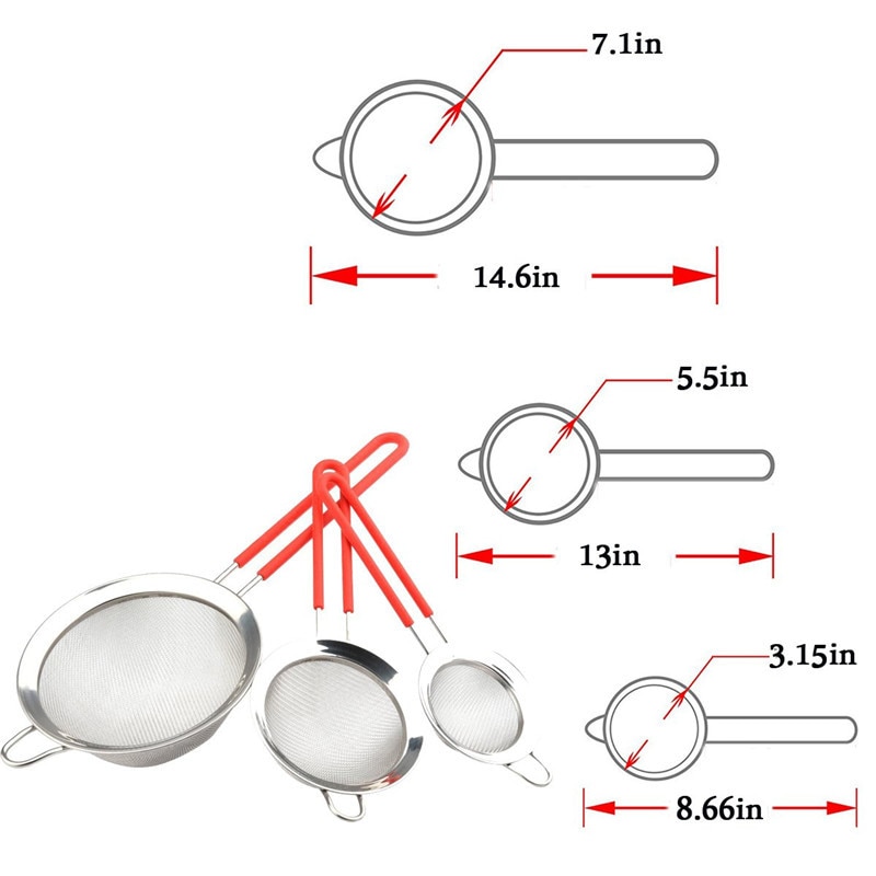 8cm 10cm 20cm rustfrie stålsiler mesh kjøkkensil dørslagsil med langt silikonhåndtak til kjøkken