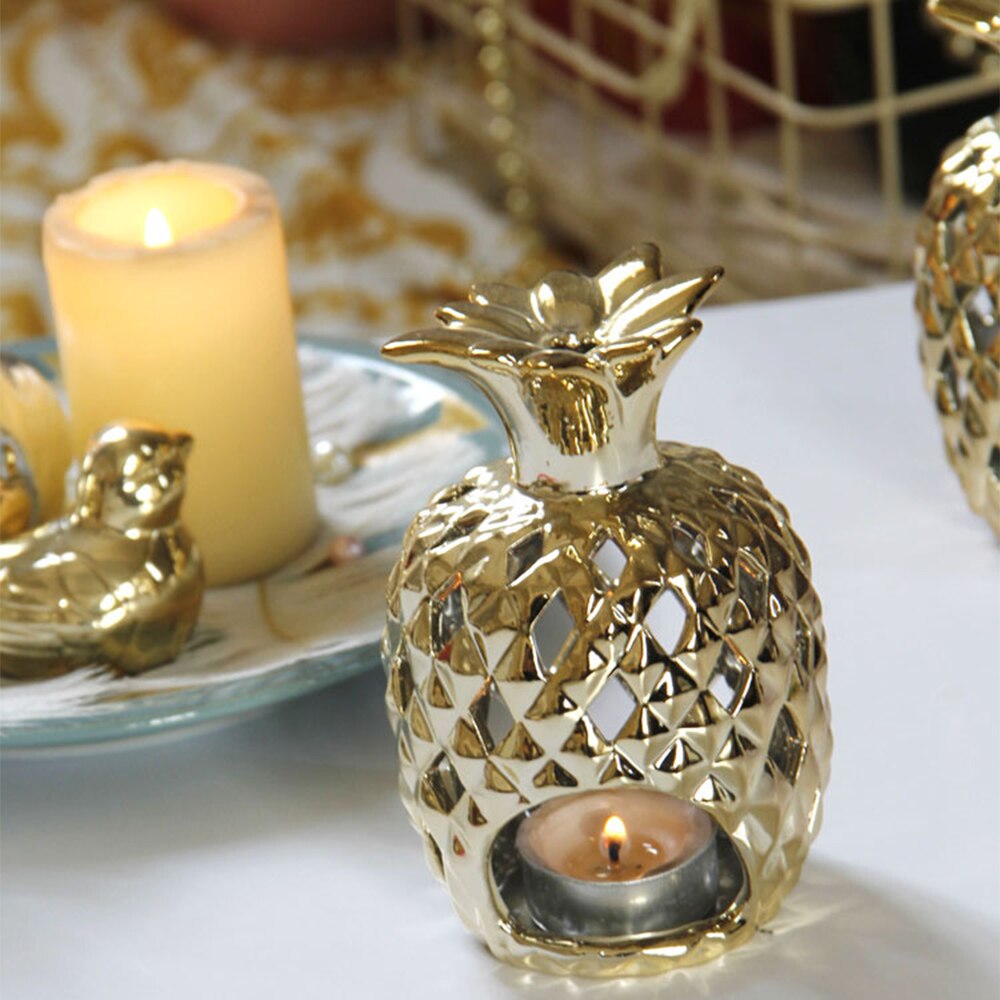 Keramische Ananas Kaars Houders Beeldjes Gold Plating Ananas Fruit Ornament Candel Houder Model Home Decor