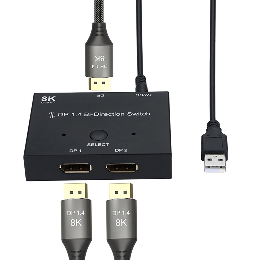 DP 1.4 Bi-Direction Switch Displayport 8K 60Hz 2 Ports Multiple Source Splitter Converter 1X2 Or 2x1 Displays 3D Ultra HD