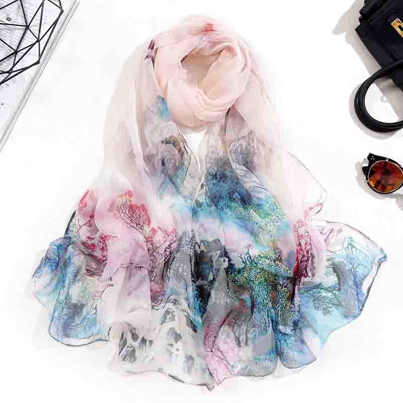 Spring Summer Autumn Women's Thin Silk Scarves Simulation Silk Wild Georgette Gradient Sunscreen Printing Multicolor Scarf A51: landscape apricot