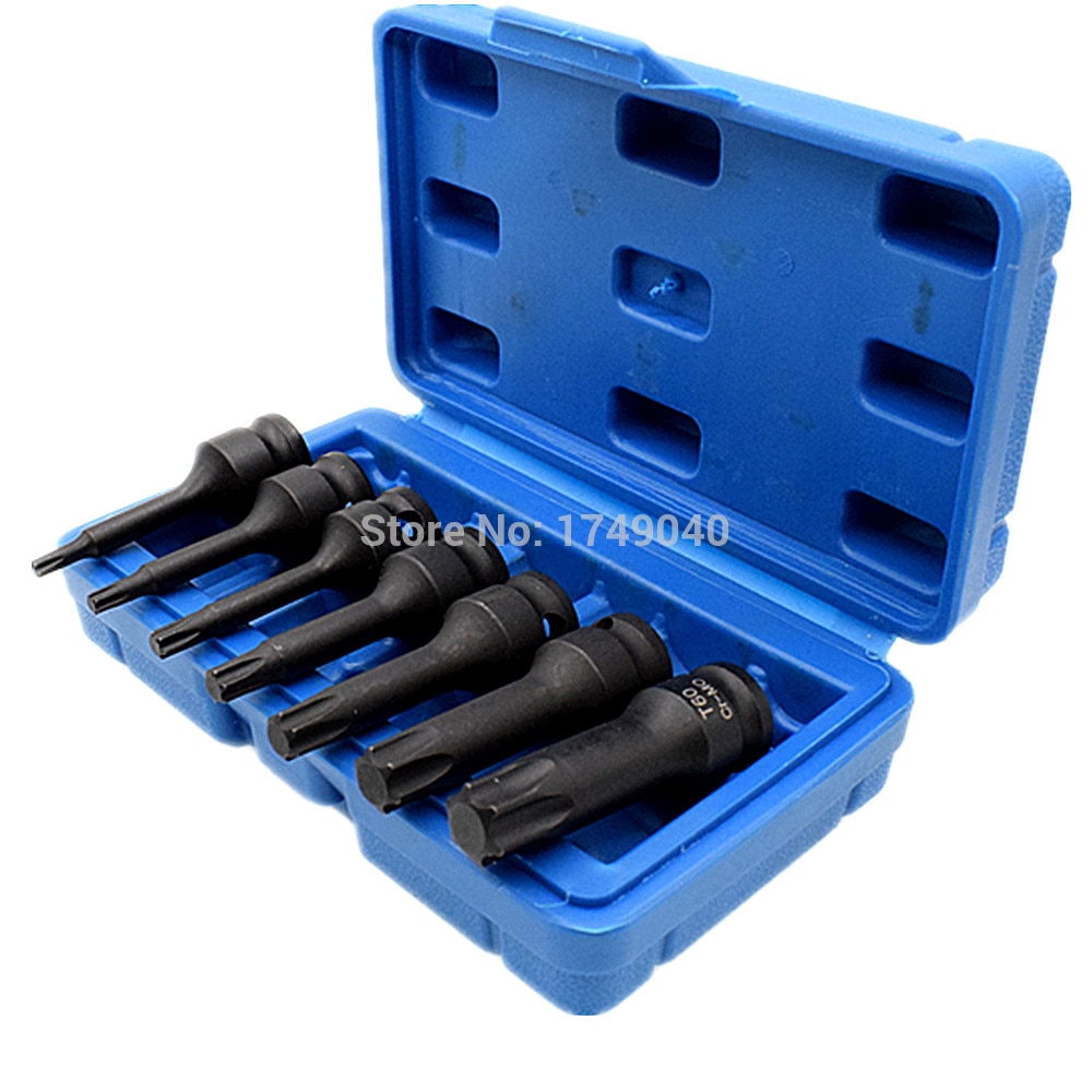 Slag torx star bits socket 7pc sett 3/8 &quot; firkantet drev  t20 t25 t30 t40 t50 t55 t60 muffbits i krom molybden stål 60mm lange