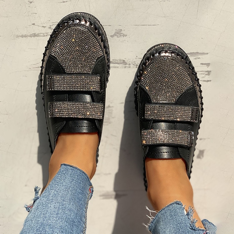 Dam strass casual daglig magic tape sneakers tjocka botten lazy casual dam skor strass kvinnliga platta skor