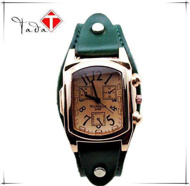 Dames heren rechthoekig analoog horloge met roestvrijstalen kast en leren band dames quartz sporthorloge: Groente