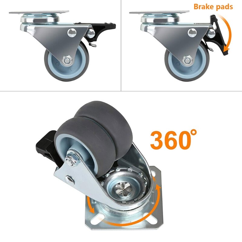 2 inch Caster Wheel with Brake Locking and Rubber Wheels, Heavy Duty Swivel Plate Caster for Trolley Furniture
