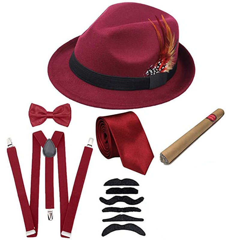 Halloween Cosplay Costume 1920s Mens Gatsby Gangster Accessories Set - Fedora Newsboy Hat Suspenders Armbands Tied Bowtie: red01
