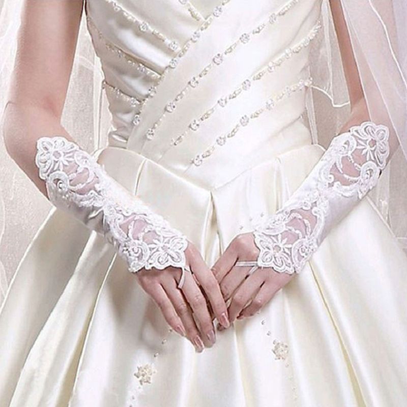 Guantes largos de novia para mujer, sin dedos, bordados, encaje, lentejuelas brillantes, Color sólido, longitud del codo, mitones, gancho, dedo, boda