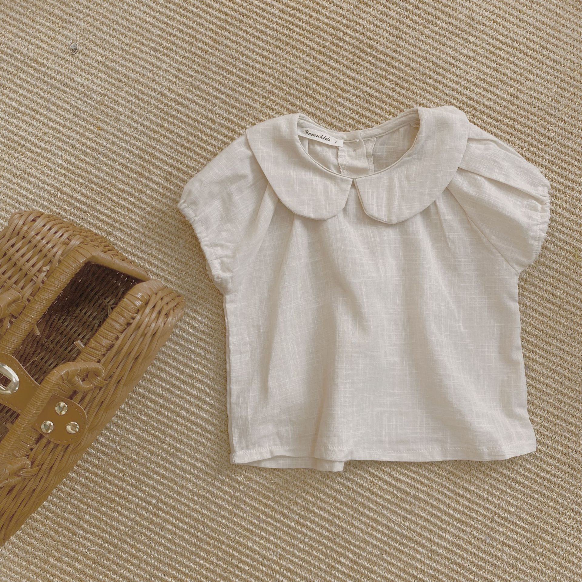 1752B 2022 camicie per bambini estive nuove ragazze coreane camicetta bavero tinta unita manica corta cotone lino camicie per bambini