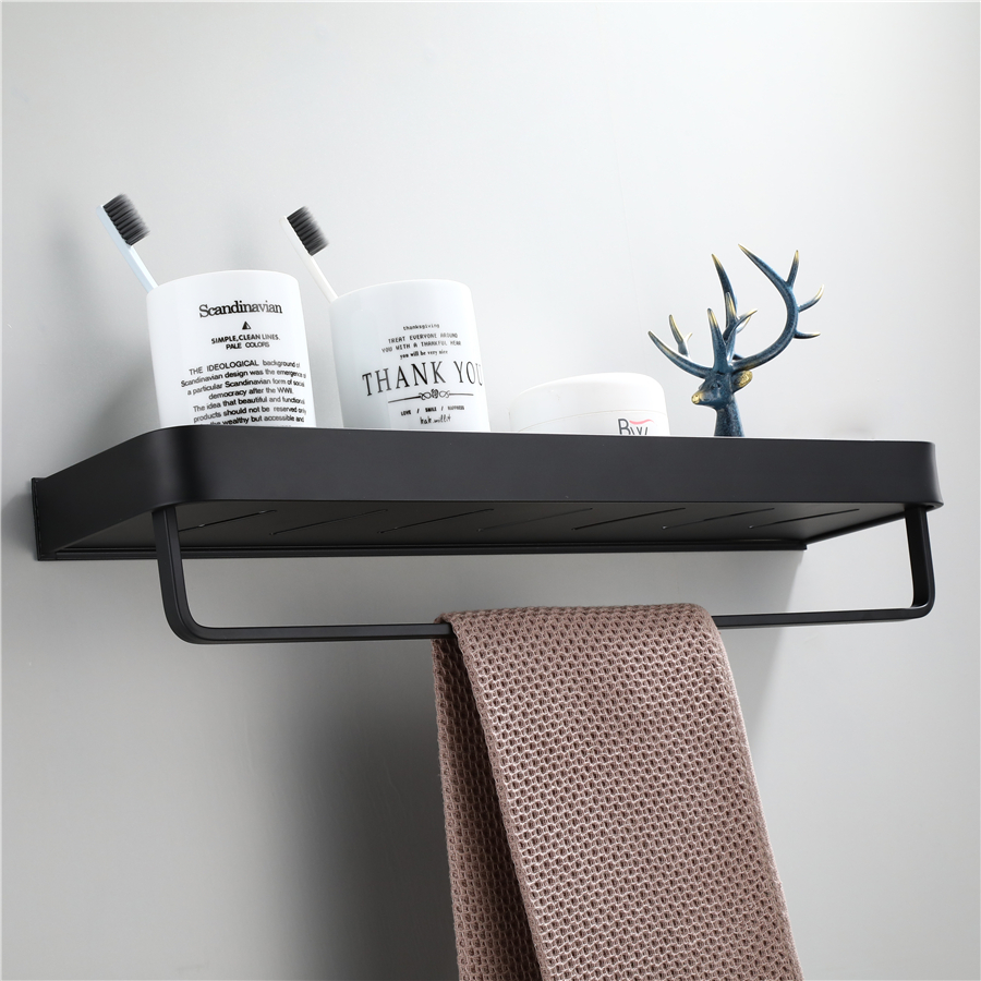 Badkamer Zwarte Plank Met Handdoek Bar Ruimte Aluminium Hoek Planken Handdoekenrek Met Haak Shampoo Houder Keuken Opbergrek