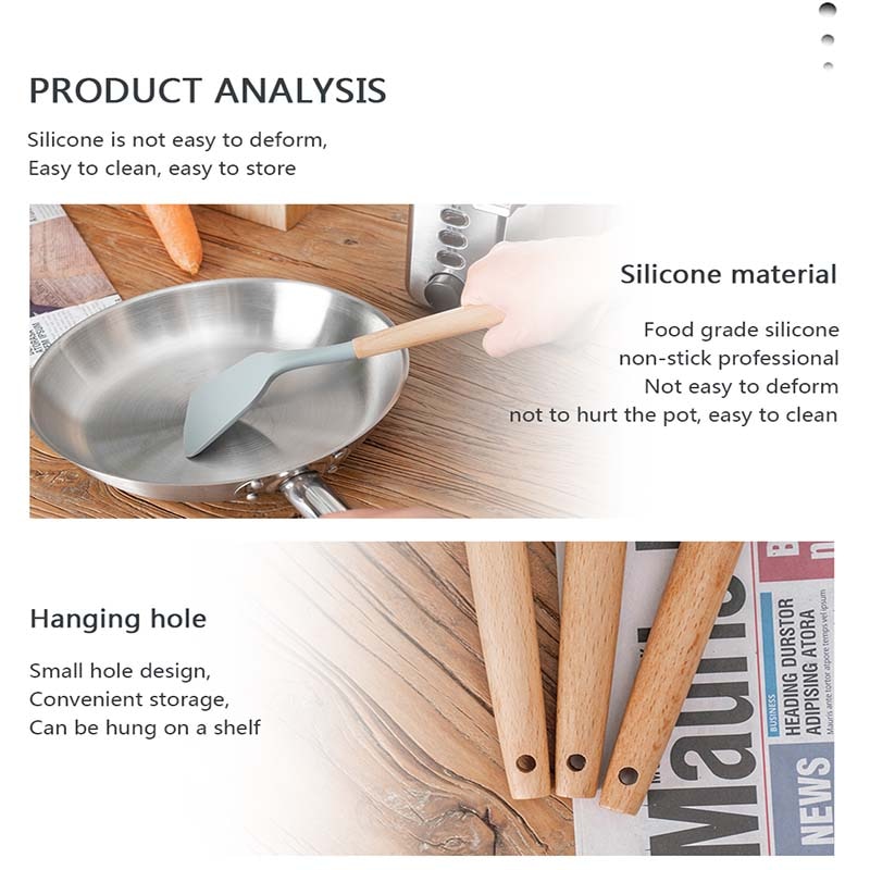 Wooden Handle Silicone Kitchenware Set Non-stick Cookware Cooking Spoon Frying Spatula Colander Kitchen Accessories Baking Tools