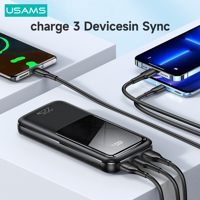 USAMS-Batería Externa PD 22,5 W, con pantalla Digital Powerbank, 20000mAh, QC, AFC, FCP, carga rápida, para teléfono, tableta y portátil
