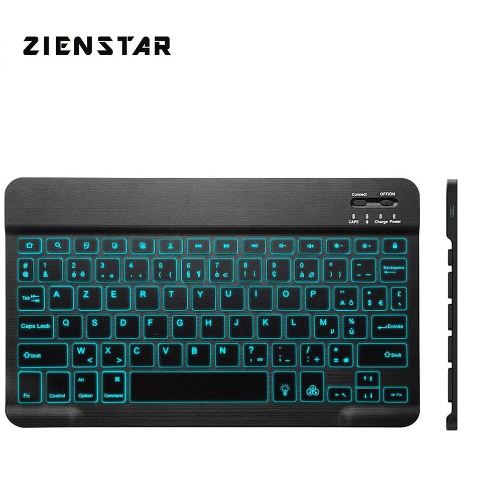 Zienstar 10inch Azerty French Rechargeable Aluminum Wireless Bluetooth Keyboard with 7 Color Backlight Lithium Battery: F12