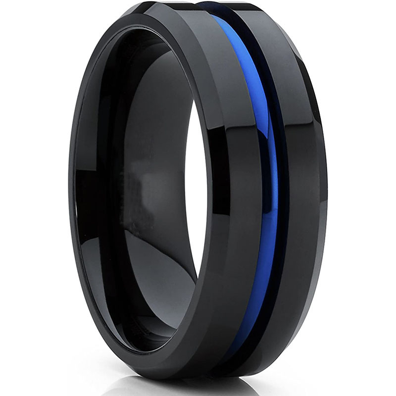 8 Mm Groef Mannen Ring Blauw Groove Black Edge Rvs Ring Charm Mannen Wedding Sieraden