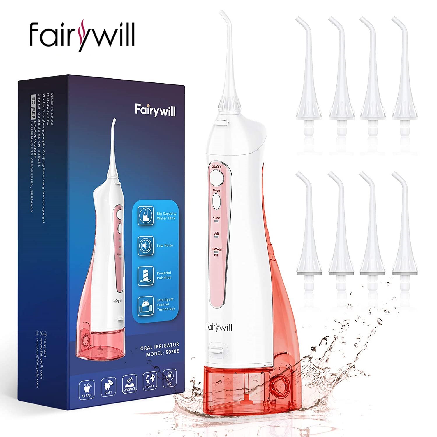Fairywill Water Flossers szczoteczka do zębów 5020E-E11 USB akumulator przenośny IPX7 wodoodporny 3 tryby 300ML odpinany zbiornik na wodę: 5020E-Pink
