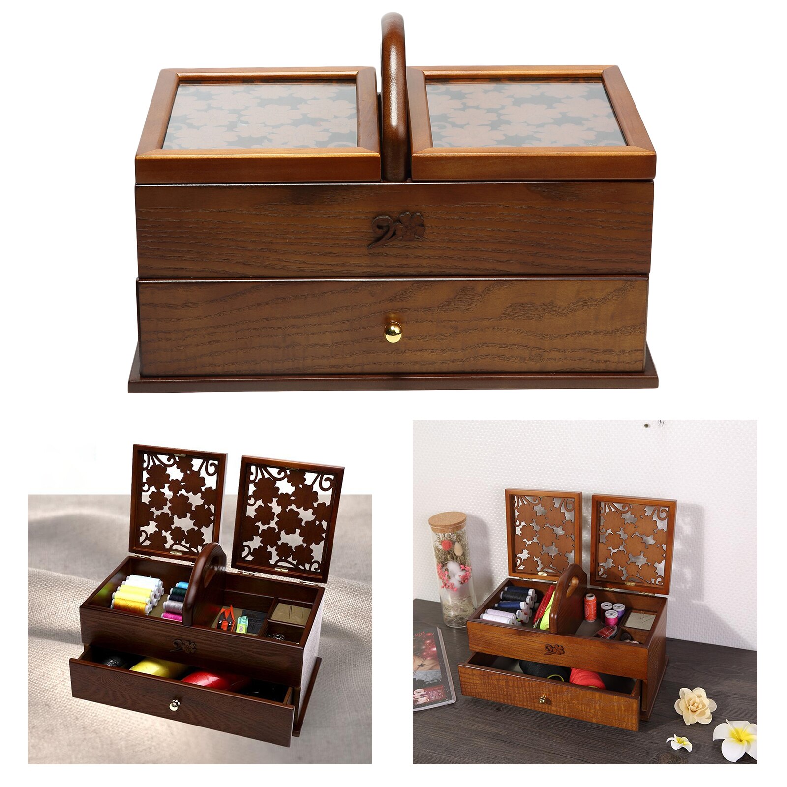 Retro Cantilever Wood Sewing Basket Sew Kit Storage Jewellery Expanding Box Case