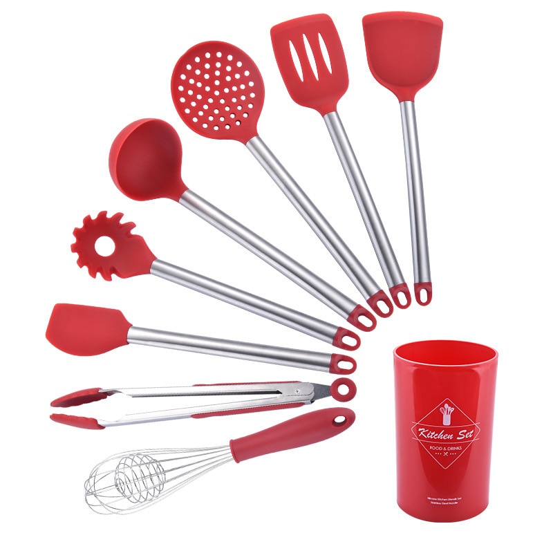 Stainless Steel+Silicone Cooking Utensil Kitchen Tools Turner Soup Spoon Strainer Pasta Server Egg Beater Spatula Food Tongs Red