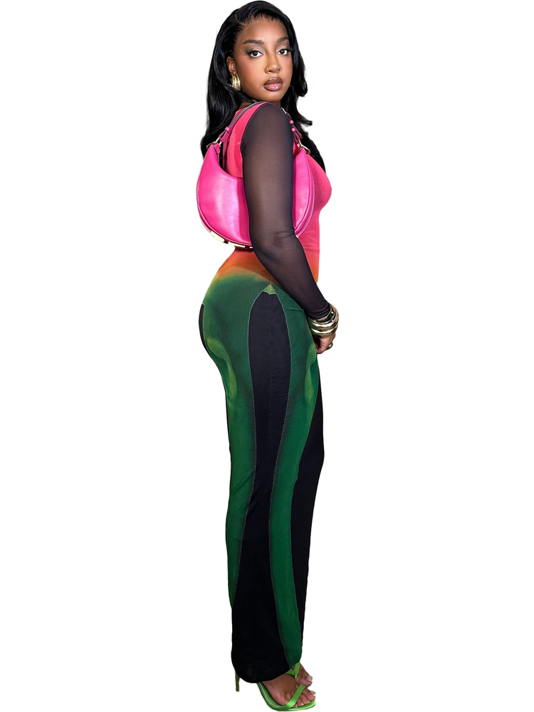 Tie-dye printet mesh-kjole kvinder fuldærmet bodycon maxikjoler aften sexet afslappet fest high street lang kjole