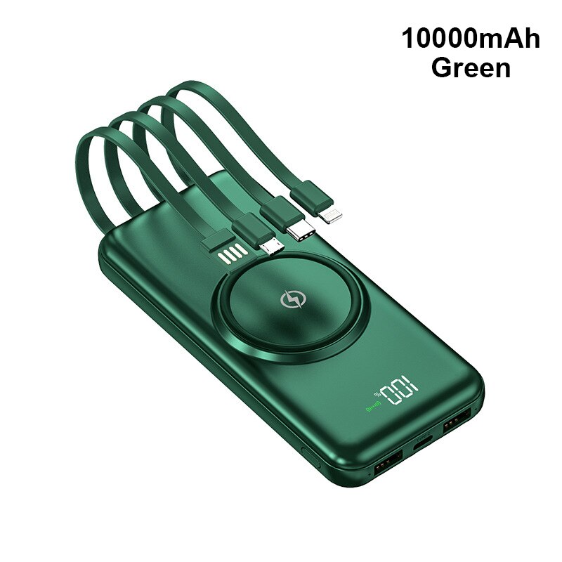 Pinzheng 20000Mah Draadloze Power Bank Ingebouwde 4 Kabels Powerbank Draagbare Externe Batterij Oplader Voor Iphone 12 Pro xiaomi 10: Green 10000mAh