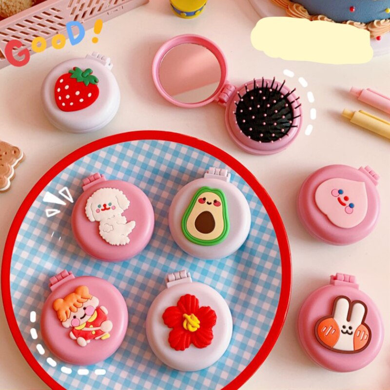 Espejo plegable con peine para chica, pequeño cepillo de pelo de viaje con bolsillo portátil, herramientas de estilismo de espejo, Mini espejo de bolsillo