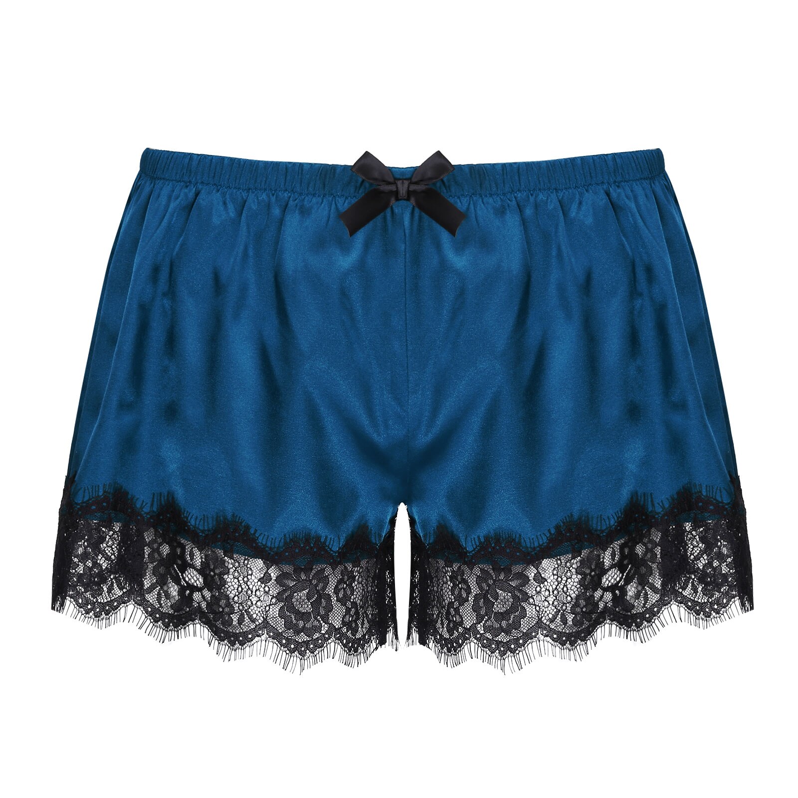 Men Satin Shorts Sleepwear Elastic Waistband Lace Trimming Pajama Pants Nightwear Birthday: Dark Blue / L