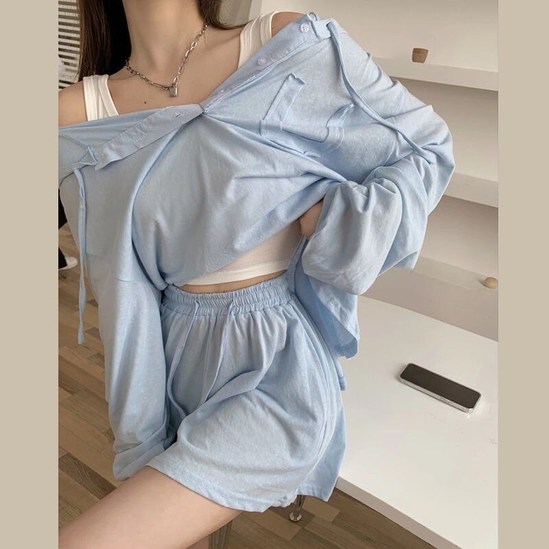 QWEEK-Pijama de algodón con pantalones cortos para mujer, ropa de estar por casa con capucha, ropa básica e informal para dormir, verano,