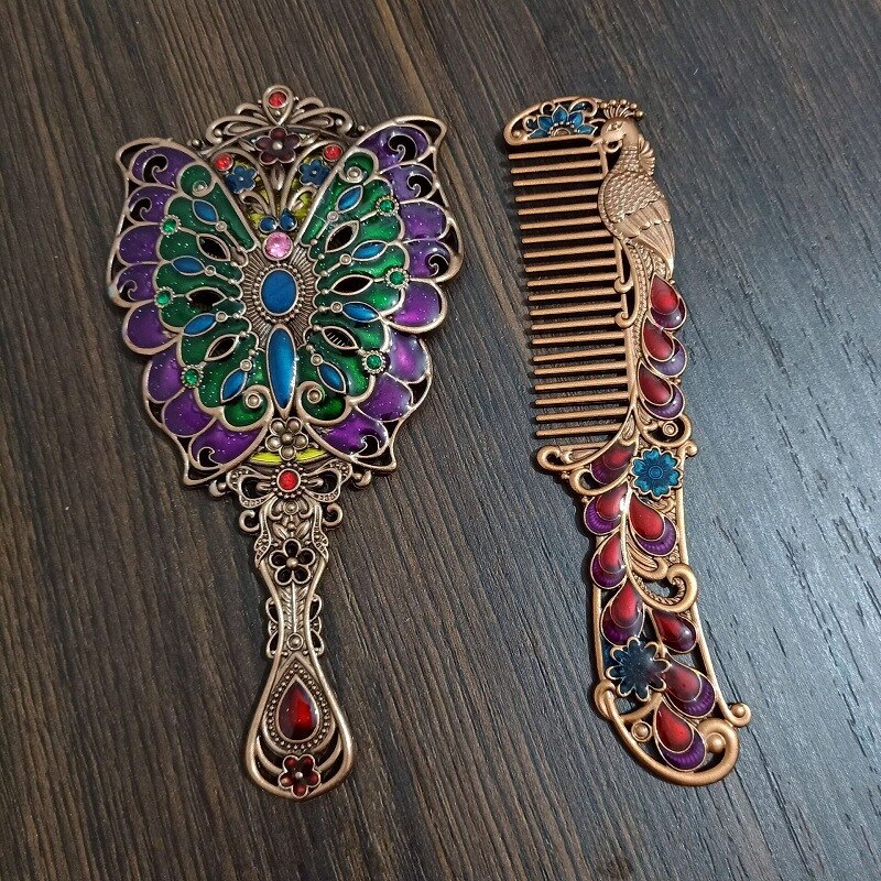 Makijaż lustro chiński Vintage Hollow-out rzeźba Rhinestone lustro zestaw grzebieni z pudełko eleganckie z kieszeniami lustro dla kobiet: 10