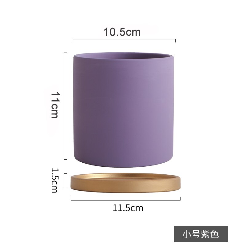 Eenvoudige, rechte, kleurrijke, cilindrische, keramische bloempot in europese stijl, vetplanten, bloemen, groene dillepot met gouden schaal: E -10.5cm