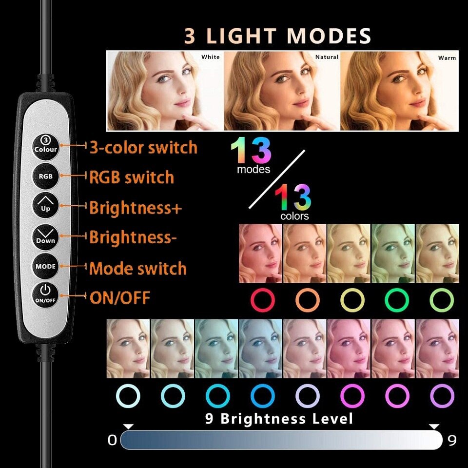10in Rgb Led Kleur Selfie Ring Licht Fotografie Ringlicht Telefoon Standhouder Cirkel Lamp Trepied Statief Vullen Licht Makeup